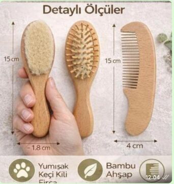 Keçi Kıllı Bebek Fırça Ve Tarağı 3'lü Set Doğal Keçi Kıllı Fırça, Ahşap Masaj Tarağı Ve Tarak