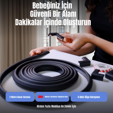 A Kalite 2 m + 4’lü Esnek Kauçuk Köşe ve Kenar Koruyucu – 3M Bantlı Darbe Emici Set